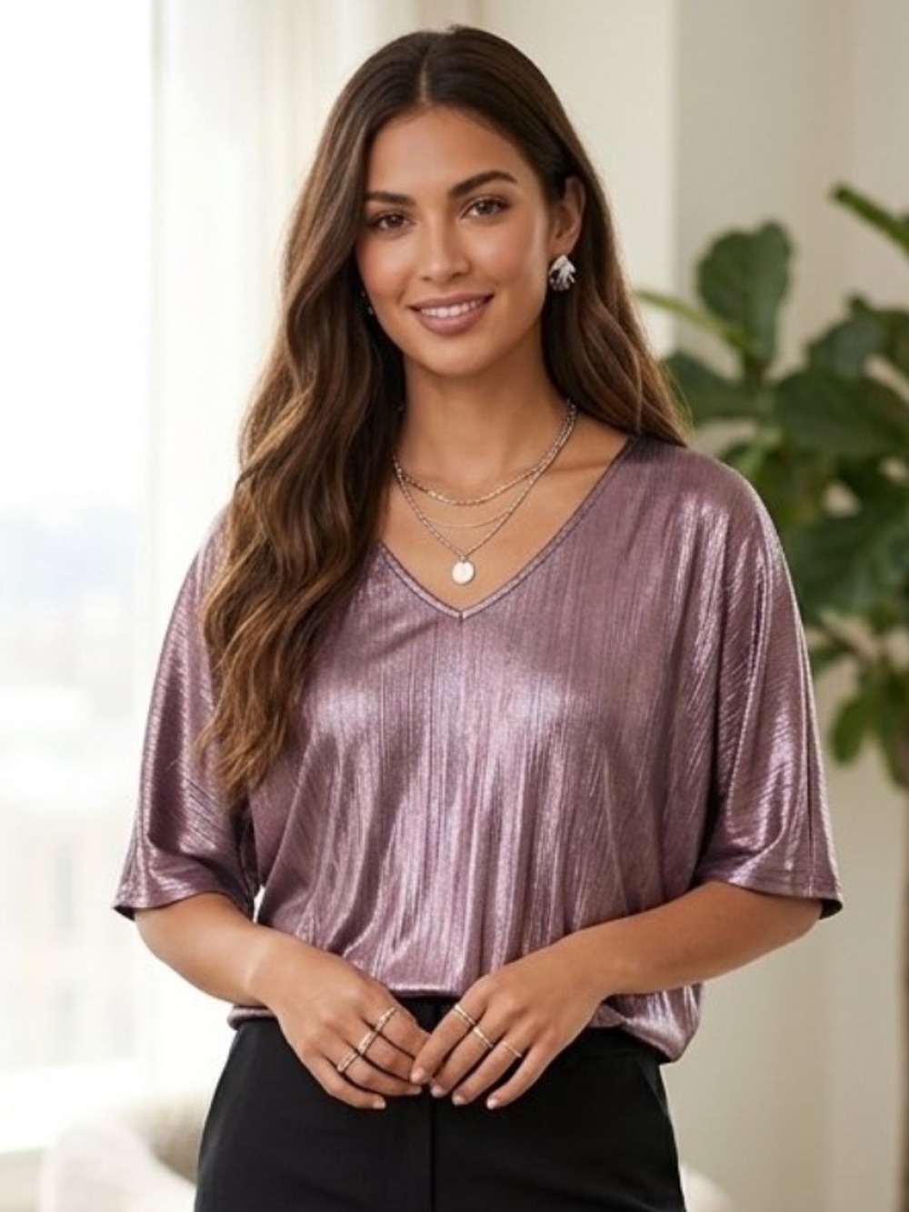Metallic Mauve V-Neck Short Sleeve Blouse bundle 4 for $20 under $9